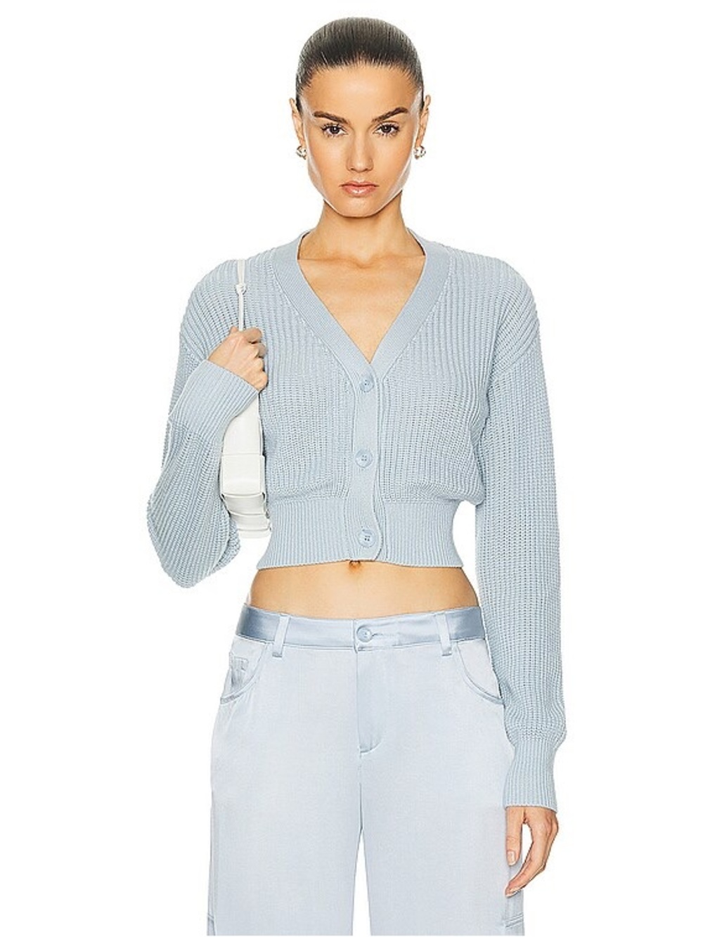 Sablyn Echo Cashmere V-Neck Cropped Knit Cardigan in Light Blue Whisper XS